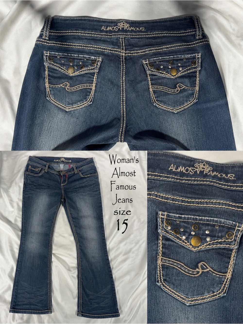 Almost Famous Dark Blue Flare Jeans with Studded Back Pockets